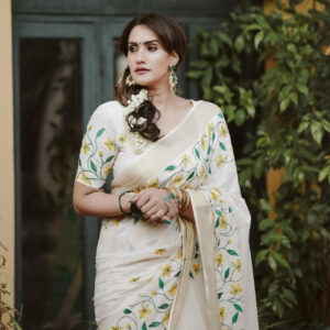 yellow flower embroidery cotton saree