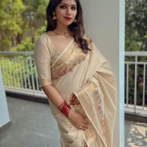 Golden Tissue Flower Embroidered Saree