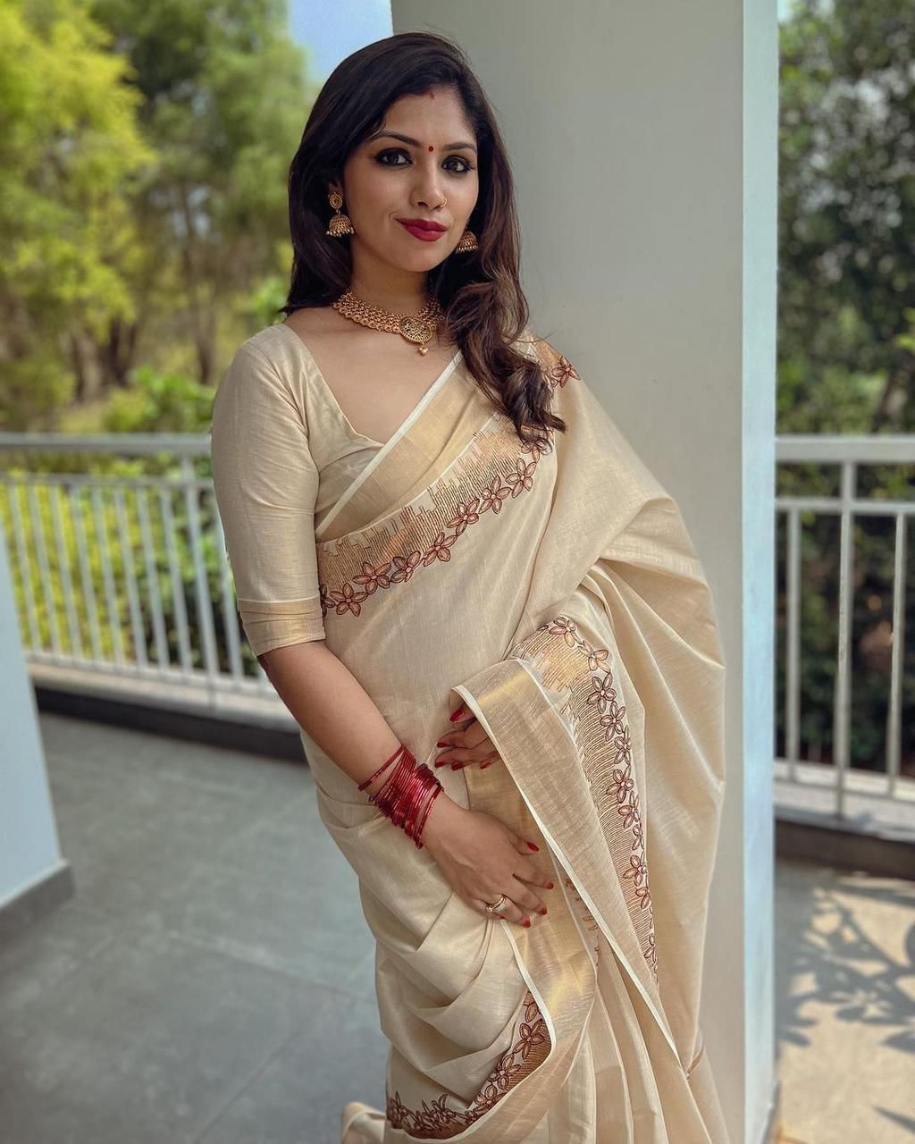 Golden Tissue Flower Embroidered Saree