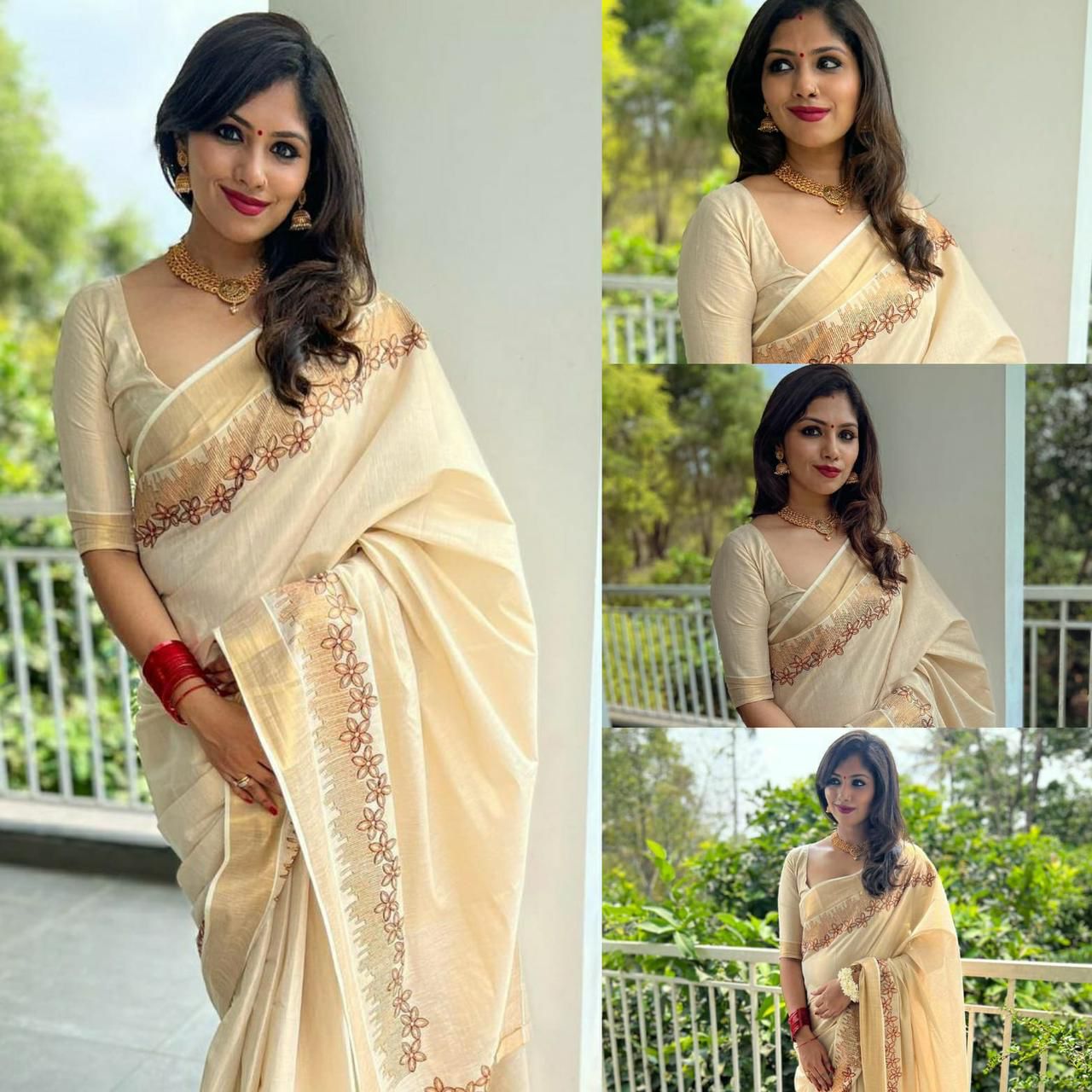 Golden Tissue Flower Embroidered Saree - Image 2